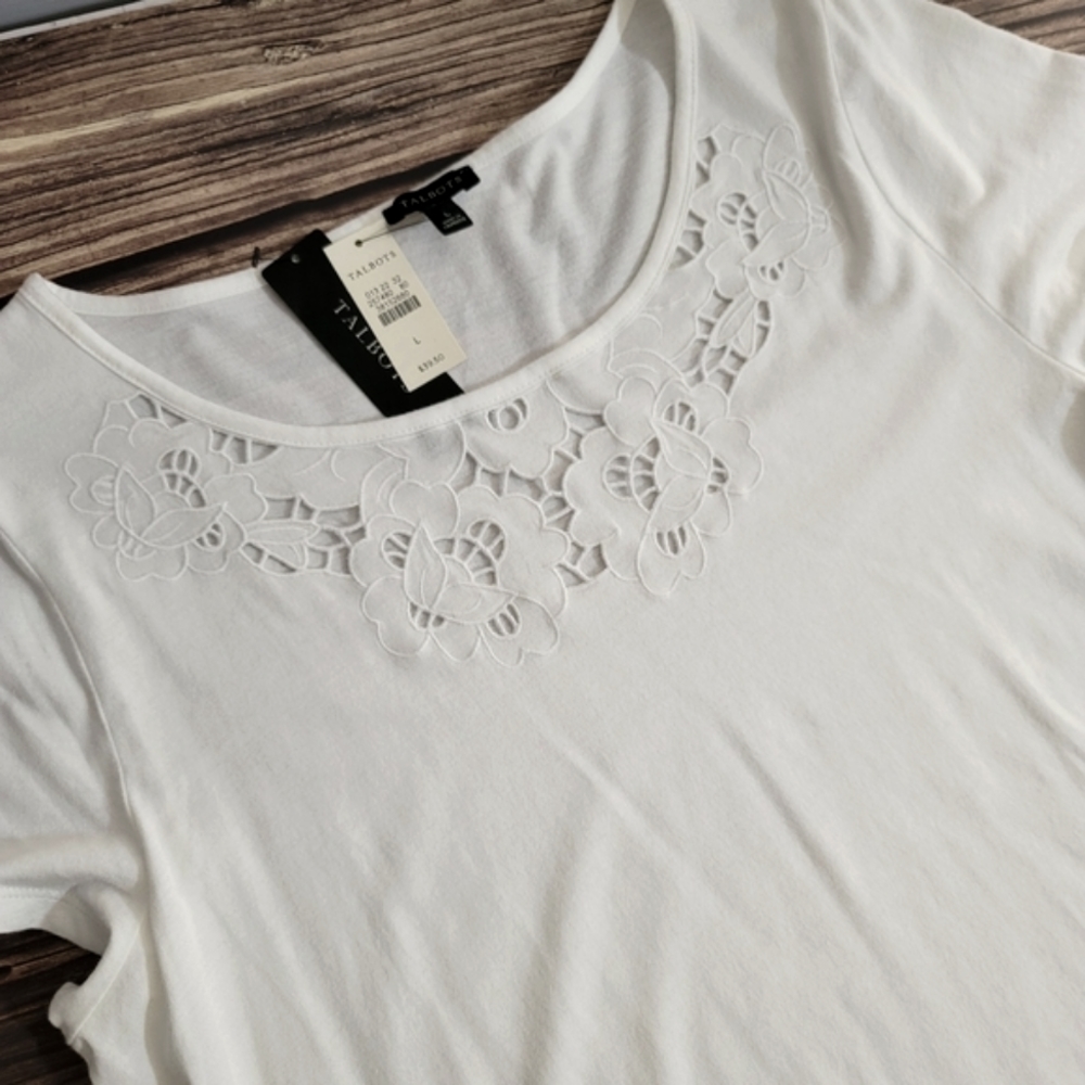 Talbots White Tee Floral Cut Outs L